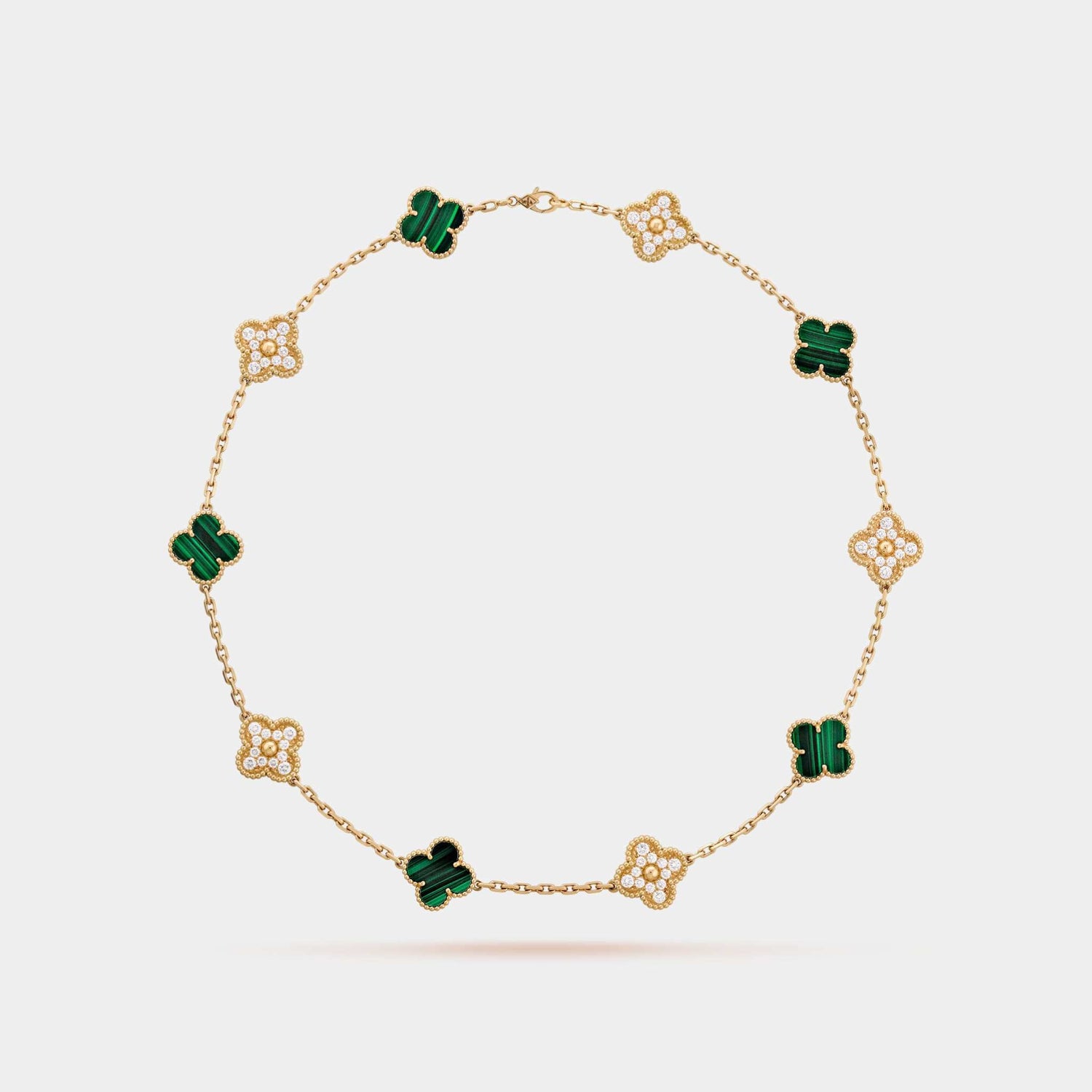 Vintage Alhambra Necklace 10 Motifs Yellow Gold Diamond Malachite