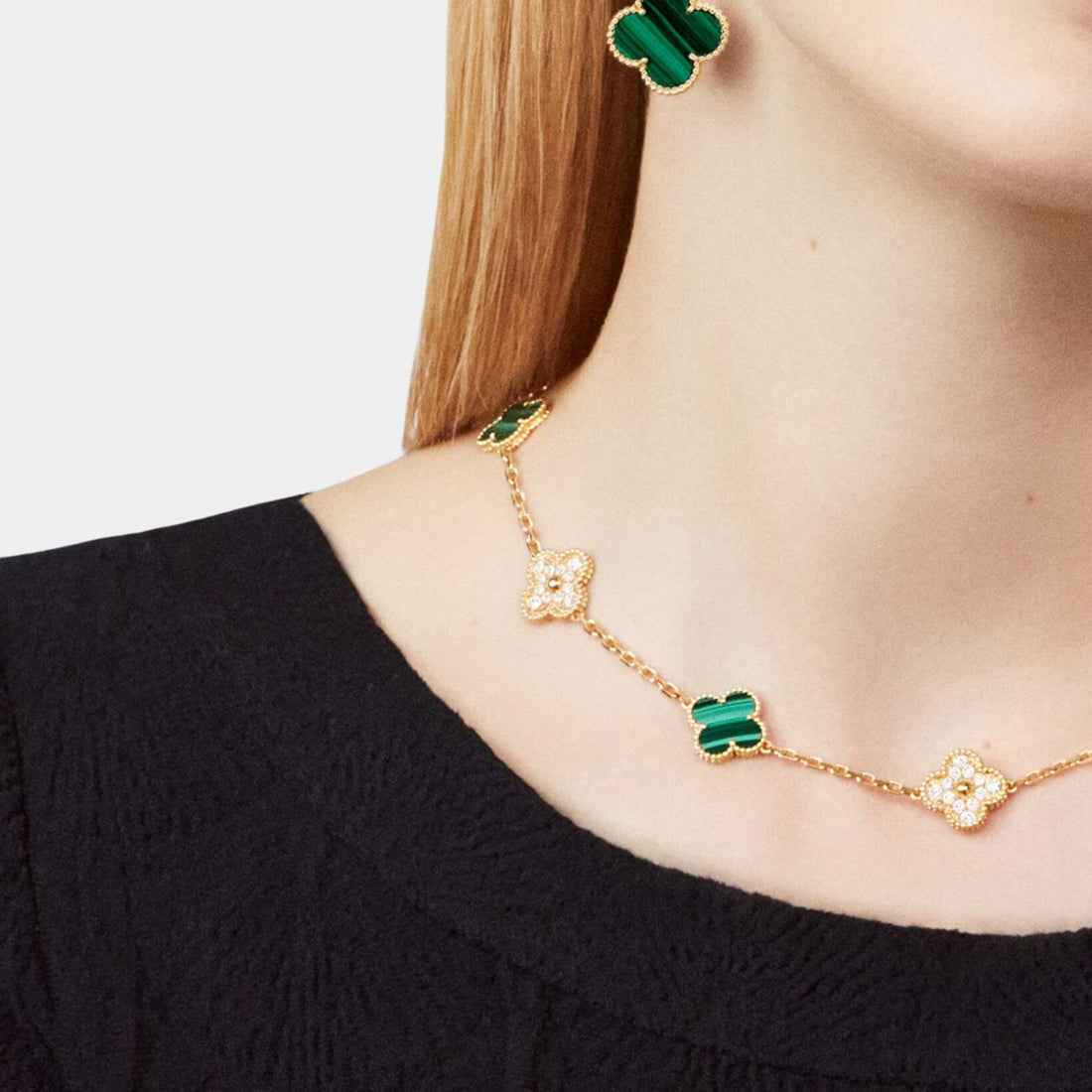 Vintage Alhambra Necklace 10 Motifs Yellow Gold Diamond Malachite