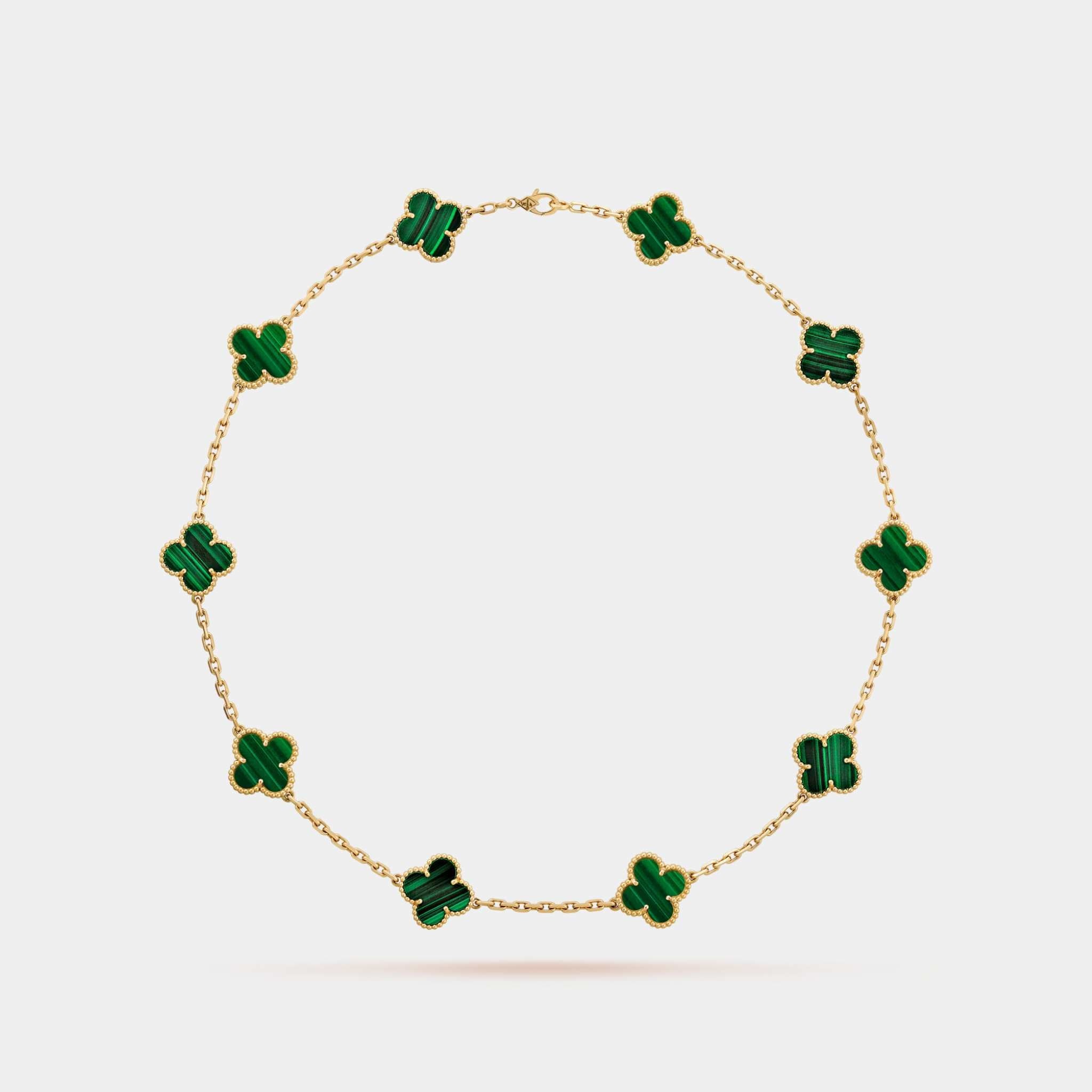 Vintage Alhambra Necklace 10 Motifs Yellow Gold Malachite
